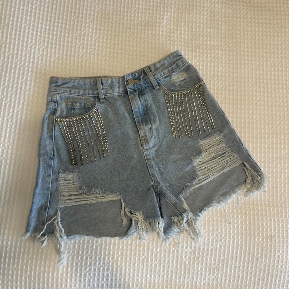 Cider Light Blue Distressed Denim Shorts with Rhinestone Fringe Pockets